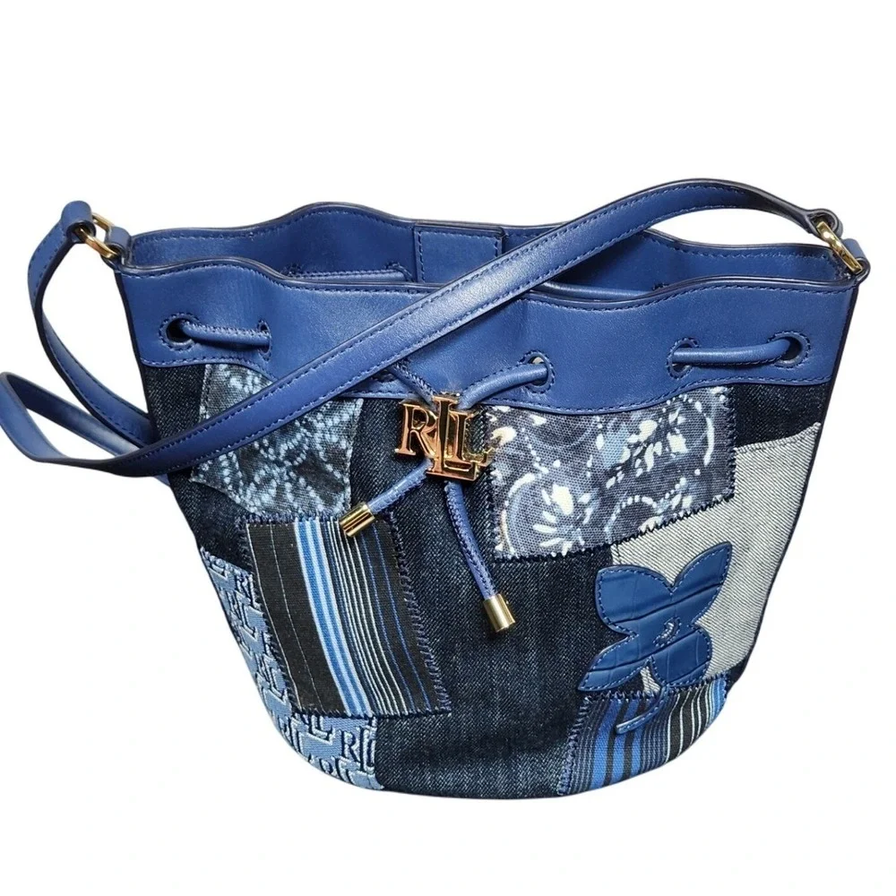 Lauren Ralph Lauren Denim Patchwork Andie Butterfly Bucket Bag Blue Gold NW $295
